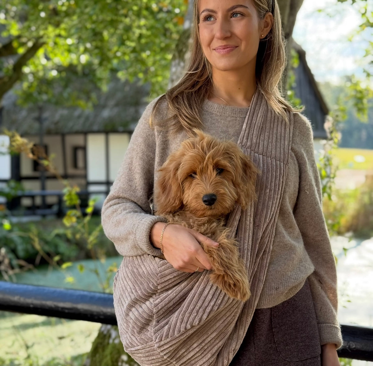 Julius fløjl hundeslynge til små hunde i lys brun